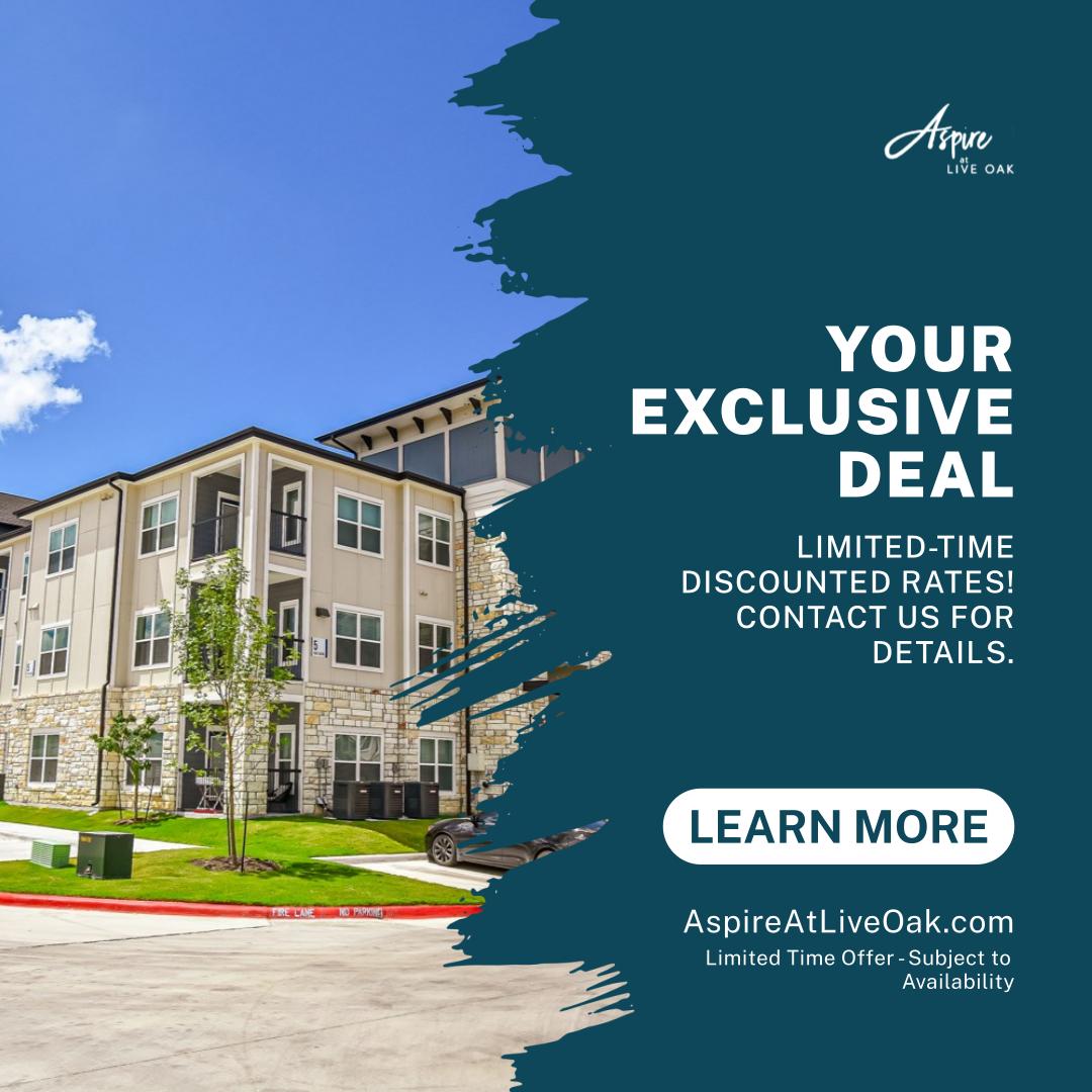 aspireliveoak's tweet photo. Unlock incredible savings at Aspire at Live Oak with our new reduced rates! This limited-time offer makes it the perfect moment to explore our exceptional apartments. Don't miss out on this opportunity to experience the lifestyle you've been dreaming of. Contact our leasing... https://t.co/1KAktNnUTo