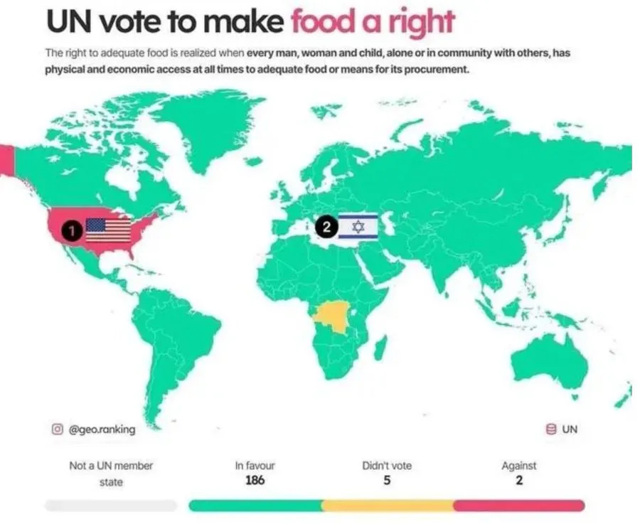 BladeoftheS's tweet photo. Two countries voted against making food a human right at the UN, Israel and the USA.

The vote would have mandated the UN to prevent starvation, and the US and Israel didn't want to fund preventing starvation. https://t.co/fdZHllvwMH