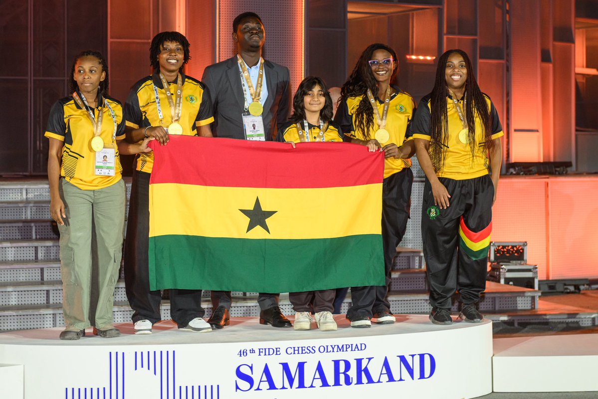 ghanachess's tweet photo. Ghana has won gold at the 46th World Chess Olympiad in Samarkand, Uzbekistan.

Our women’s team finished top of rating category D, and seven Ghanaian players earned international titles. 

Our best Olympiad so far! https://t.co/BY8JjY8Srf
