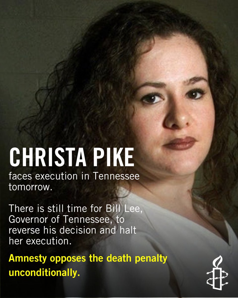 amnesty's tweet photo. Christa Pike, aged 50, is scheduled to be executed in Tennessee, USA, on 30 September 2026. She was convicted in 1996 of a 1995 murder committed when she was 18, barely out of a childhood in which she endured rape, sexual and physical violence, abuse and neglect. 

The state failed to protect her as a child despite having knowledge of what she was facing. Her court-appointed lawyers then failed her at her trial, presenting little of the mitigating evidence of this abuse or its psychological consequences. 

We urge the governor to stop this execution and grant clemency.