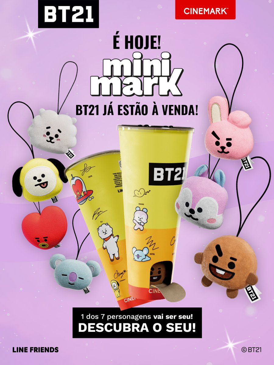 cinemarkoficial's tweet photo. É oficial: o Minimark BT21 chegou na Cinemark 💜

Copo com bebida + colecionável surpresa. 1 dos 7 personagens do universo BT21 vai chegar no seu copo.

Descubra o seu no app ou site Cinemark antes que acabe.
Minimark BT21 · Edição Limitada 
Disponível em toda a rede Cinemark https://t.co/J2AUcQkbe5