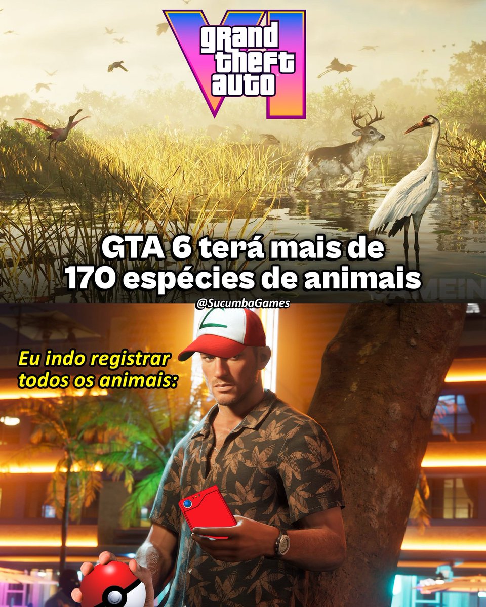 SucumbaGames's tweet photo. Nova matéria da Game Informer revela que GTA 6 inclui mais de 170 espécies de animais:

• Mais de 60 tipos de aves
• Mais de 30 mamíferos terrestres
• Diversas espécies de peixes e répteis

Michael Kane, diretor de animação de GTA 6 na Rockstar Games, também confirmou que o jogo terá diferentes espécies de tubarões, baleias, raias, tartarugas e águas-vivas, cada uma com comportamentos de movimento distintos.

Os animais também terão efeitos de iridescência, bioluminescência e translucidez, além de novos sistemas de cabelo e pelagem. A pelagem será totalmente simulada e poderá reagir à água, sujeira, emaranhamento e aglomeração.

Para efeito de comparação, Red Dead Redemption 2 tem uma quantidade semelhante, com 178 espécies diferentes registradas no compêndio oficial, que não conta os lendários ou raças diferente de uma mesma espécie. A matéria sobre GTA 6 também confirma diferentes raridades das espécies: Descobrível, Raro e Lendário.

Também já foi confirmado que, assim como em RDR2, será possível analisar os animais para registrá-los em um compêndio. O jogo também contará com zoológicos que poderão ser visitados.