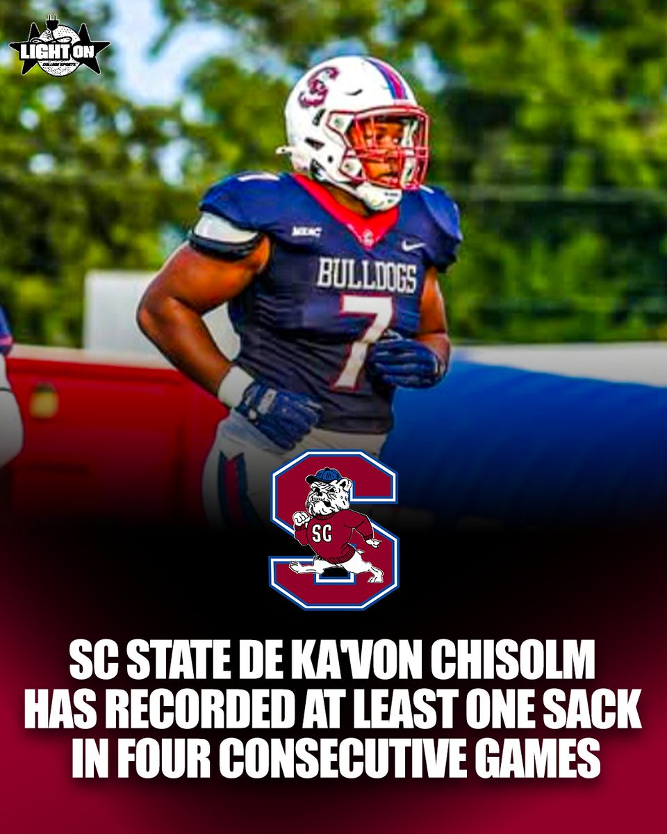 LightOnSports's tweet photo. South Carolina State defensive end Ka'Von Chisolm has recorded at least one sack in four consecutive games 😤🔥

1 SACK (Week 1 vs FAMU)
2 SACKS (Week 2 vs Virginia State)
1 SACK (Week 3 vs Furman)
1.5 SACKS (Week 4 vs Bethune-Cookman)

He currently ranks 3rd in the nation (FCS) in total sacks with 5.5. 📈

@KavonChisolm @SCState_Fb