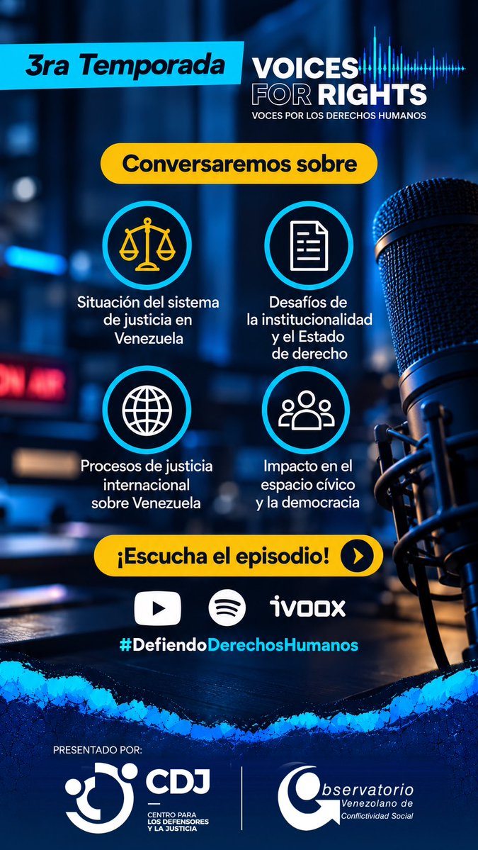 DefensoresDDHH_'s tweet photo. ¡Estrenamos la 3ra Temporada de #VoicesForRights! 🎙️✨

¿Hacia dónde va la justicia y la democracia en Venezuela? En este nuevo episodio nos sentamos a analizar a fondo los temas más críticos que impactan nuestra realidad actual.

Conversaremos sobre:
• ⚖️ Situación del sistema de justicia en Venezuela.
• 📄 Desafíos de la institucionalidad y el Estado de derecho.
• 🌐 Procesos de justicia internacional sobre Venezuela.
• 👥 Impacto en el espacio cívico y la democracia.
Un espacio necesario para entender el contexto, defender nuestros espacios y alzar la voz por los derechos humanos.

Presented por el Centro para los Defensores y la Justicia (CDJ) y el Observatorio Venezolano de Conflictividad Social (OVCS).
🎧 ¡Escucha el episodio ya! Disponible en tus plataformas favoritas:
• YouTube 📺
• Spotify 🟢
• iVoox 🟧

👉 Encuentra el enlace directo en nuestra bio.

#DefiendoDerechosHumanos #DerechosHumanos #Venezuela #EspacioCivico