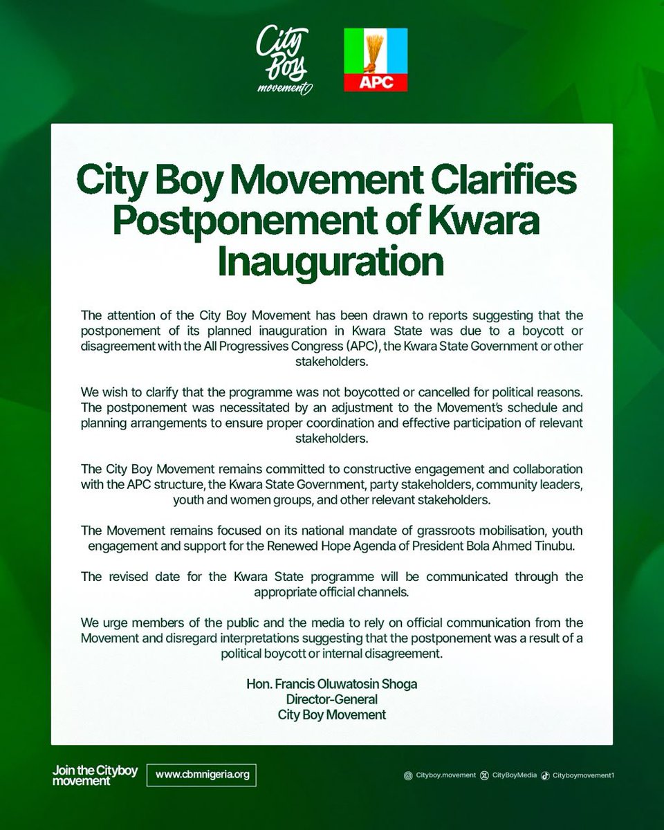 _Triplet3_'s tweet photo. *JUST IN: 'We are committed to working with APC structure, KWSG, other stakeholders' --City Boy Movement declares after postponement of Kwara Inauguration* https://t.co/dQyyXKe559