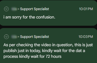 Johnathoncore's tweet photo. YouTube lets us chat with "Creator Support" but when we speak to the support, we get this: https://t.co/GLiZJcqXAD