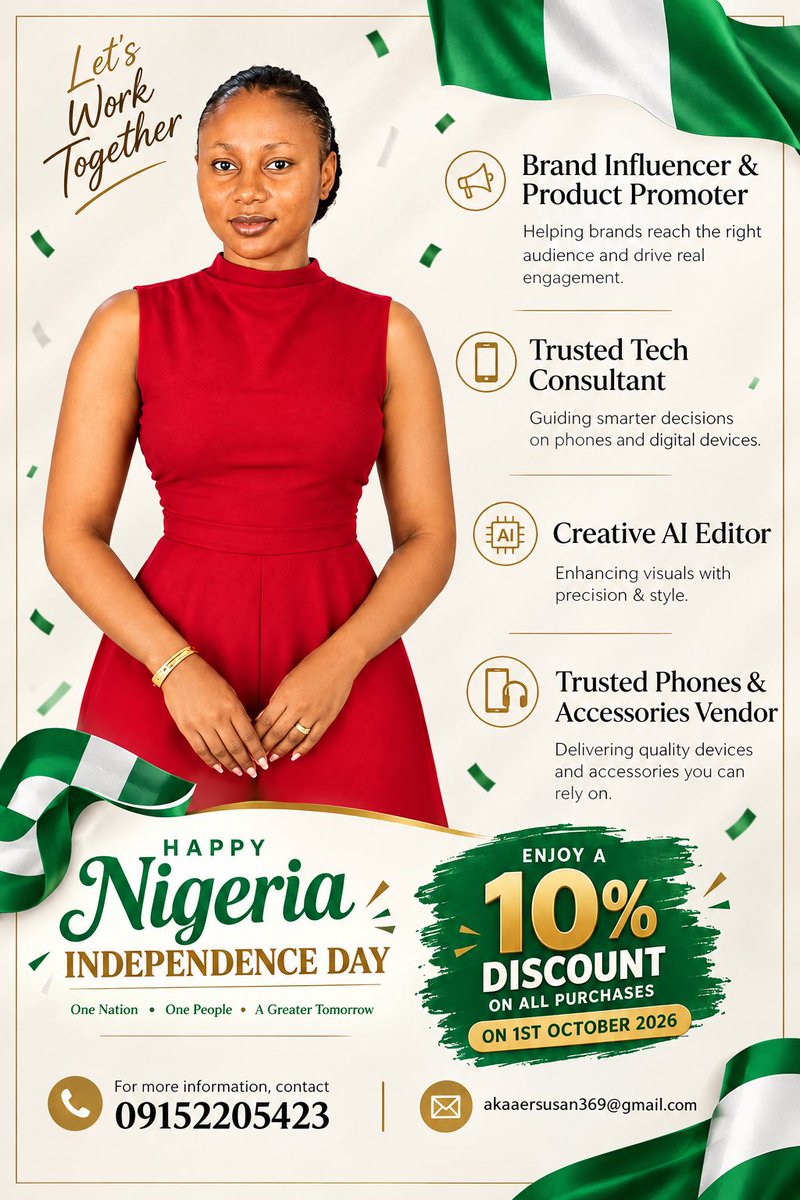 awu_ese's tweet photo. Enjoy 10% DISCOUNT on all purchases, just for 1st October 2026 
Whether you’re:
Promoting your brand
Looking for trusted tech advice
Upgrading your phone &amp; accessories
Or enhancing your visuals with AI
I’ve got you covered 
📞 09152205423
📧 akaaersusan369@gmail.com https://t.co/R4HOj4phDK