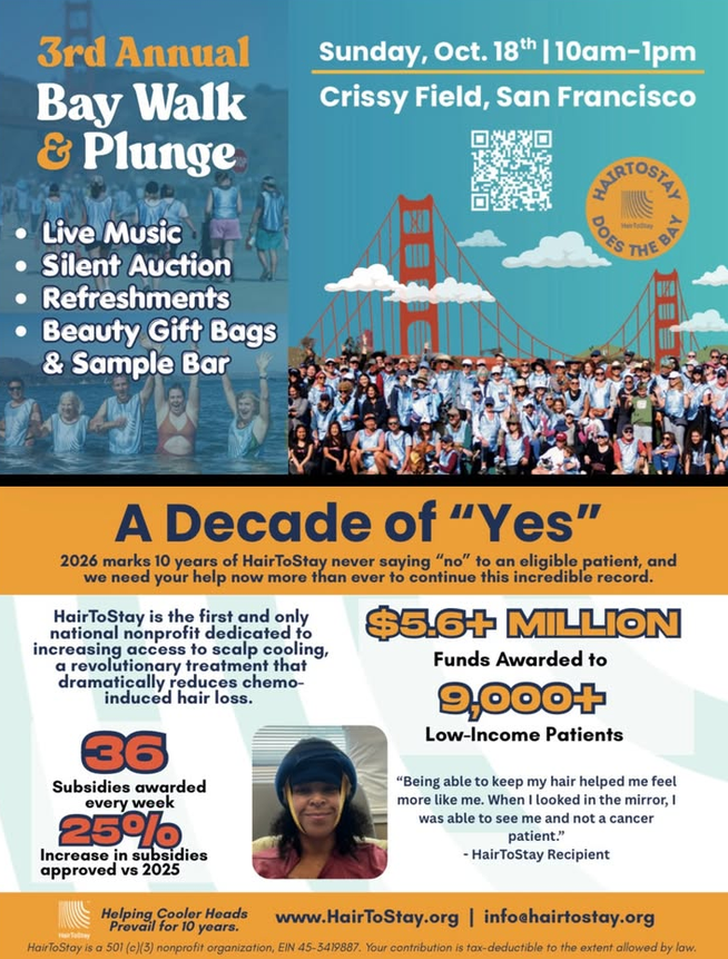 SFgiving's tweet photo. Join us on Oct. 18th for a festive celebration, music, hair care gift bags, and much more. Enjoy an active morning walk in community to raise funds for HairToStay. 

Your support will help cancer patients afford scalp cooling therapy.

https://t.co/Op5fpwsRLz https://t.co/xtOoL0o2nG