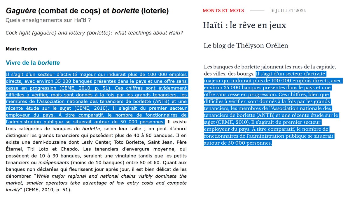 casauxnicolas's tweet photo. On en entend désormais affirmer que les plagiats de Thélyson Orélien représenteraient des erreurs de jeunesse. Désolé, mais, parmi les plagiats que j'avais exhumés, il y avait cet article daté du 16 juillet 2024 :

https://t.co/Z75Gn1hKKA

Qui reprend mot pour mot de longs passages de ce texte de la géographe Marie Redon paru en 2012 : https://t.co/wh3gQzJvYl