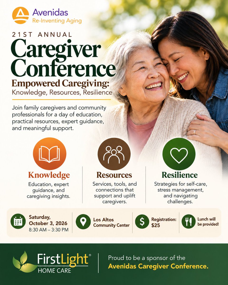 FLHC_Peninsula's tweet photo. Caregiving comes with questions. You don’t have to find all the answers alone. 💚
Whether you’re caring for a spouse, parent, family member, or friend, this day was created with you in mind.
We hope to see you there! 💚
#FirstLightHomeCare #Avenidas #CaregiverConference https://t.co/hABw363ozO