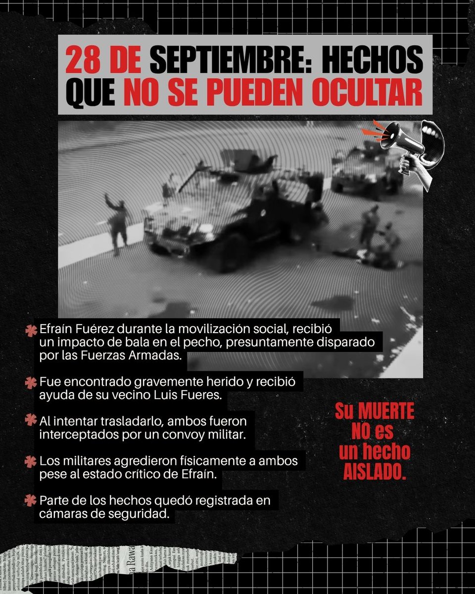 inredh1's tweet photo. #JusticiaParaEfraínFuérez | ⚫ Efraín Fuérez fue asesinado. Exigimos verdad, justicia y reparación.

El 28 de septiembre de 2025, en el contexto del Paro Nacional que comenzó el 21 de septiembre y movilizó a miles de personas en defensa de demandas sociales, económicas, seguridad y territoriales, Efraín Fuérez, líder comunitario, fue asesinado por el impacto de una bala atribuida al uso de la fuerza estatal.

Su muerte no puede reducirse a una cifra más. Efraín tenía una historia, una comunidad y una lucha. Su vida fue arrebatada durante una jornada en la que el Estado tenía la obligación de proteger los derechos de quienes ejercían su legítimo derecho a la protesta.

Ni olvido ni impunidad.

#ParoNacional2025 #DerechosHumanos #VerdadJusticiaReparación #NiOlvidoNiImpunidad