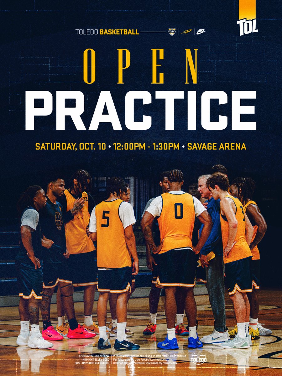 Toledo_MBB's tweet photo. 🏀 Rocket fans — come watch our Open Practice on Saturday, Oct. 10 (12:00-1:30) in Savage Arena!

🏈 Watch the Homecoming game vs. Buffalo at 3:30!

🅿️ Park in Lot 1 or Lot 2 (Savage lots require pass)

🎟️ Season tickets on sale now: https://t.co/LWnTCABC9W https://t.co/Be7FOprDYm