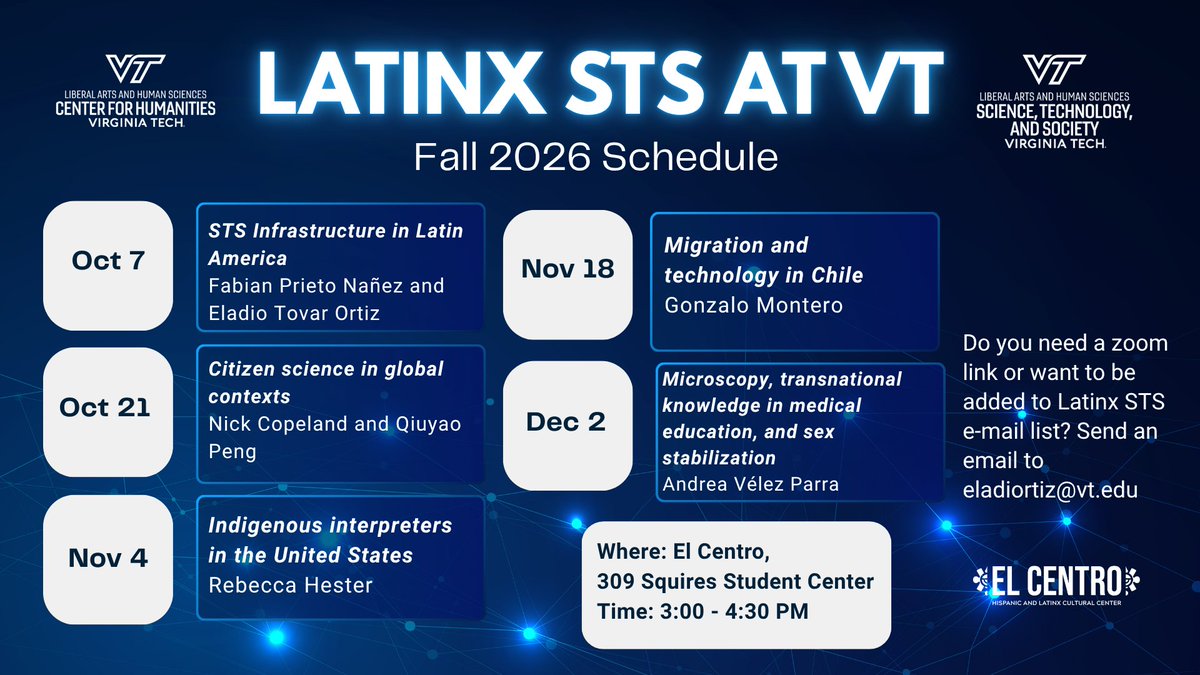 humanities_tech's tweet photo. If you are interested in or have questions about Latin America, Science, Technology, and Society, you are welcome to join the Latinx STS Faculty Working Group! (Please see their schedule for details, or email eladiortiz@vt.edu). 
#virginiatech #latinamericanstudies https://t.co/fdcTsQYZd1