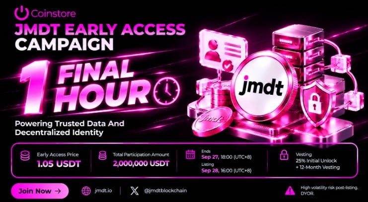 aropsngp's tweet photo. 🚨 FINAL 1 HOURS — JMDT Early Access!

🔥 Only 1 hours left! Get your $JMDT Early Access before the campaign ends.

🔹 Price: 1.05 USDT
 🔹 Pool: 2,000,000 USDT
 🔹 Ends: Sep 27, 18:00 (UTC+8)
 🔹 Listing: Sep 28, 16:00 (UTC+8)

👉 Join Now:
https://t.co/j40e8tCIBU https://t.co/yi3iiEjTUw