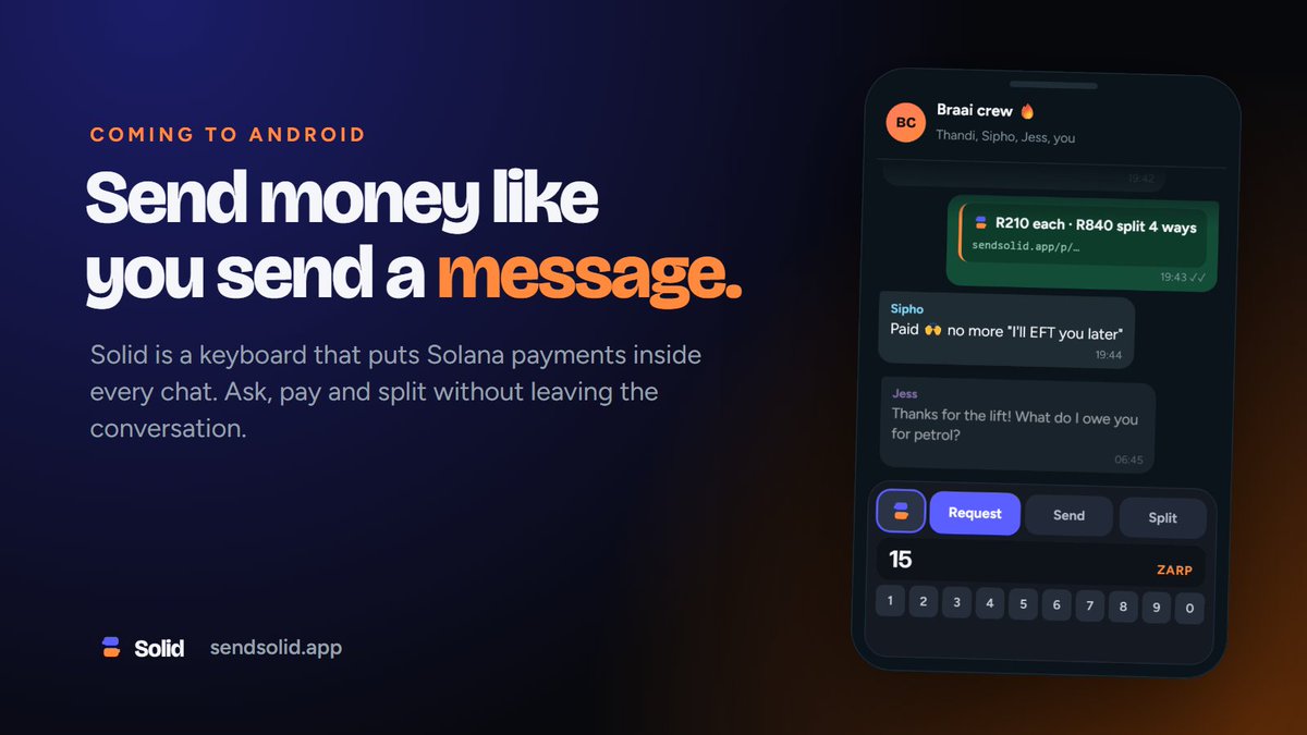 sendwithsolid's tweet photo. Money gets agreed in the chat, then paid somewhere else.

Solid puts the payment in the chat. A @solana keyboard for Android: ask, pay and split without leaving the conversation.

Coming soon. https://t.co/TIpJMOGWGB

#solana #seekerphone https://t.co/xua5pf43DD