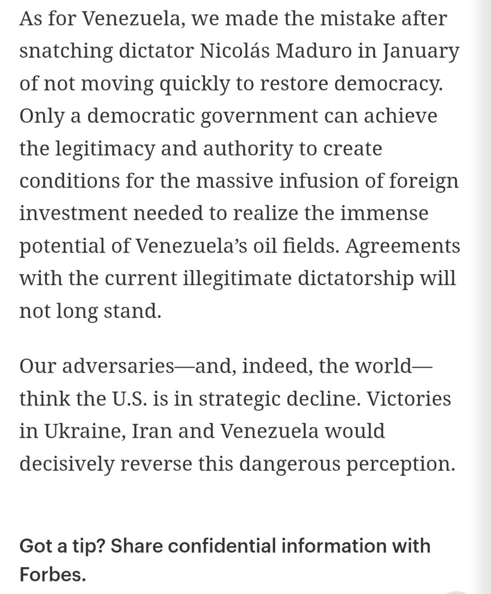EmmaRincon's tweet photo. .@SteveForbesCEO: “En cuanto a Venezuela, cometimos el error después de arrebatar al dictador Nicolás Maduro en enero de no actuar rápidamente para restaurar la democracia. Sólo un gobierno democrático puede lograr la legitimidad y autoridad para crear las condiciones para la inyección masiva de inversión extranjera necesaria para hacer realidad el inmenso potencial de los campos petroleros de Venezuela. Los acuerdos con la actual dictadura ilegítima no durarán mucho tiempo. 

Nuestros adversarios -y, de hecho, el mundo- piensan que Estados Unidos está en declive estratégico. Las victorias en Ucrania, Irán y Venezuela revertirían decisivamente esta peligrosa percepción”.