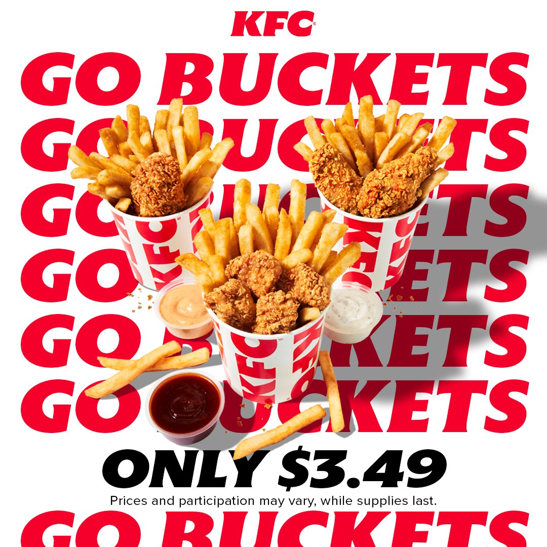 kfc's tweet photo. Try a new way to KFC with Go Buckets. Choose nuggets, wings, or a tender for just $3.49 and be good to go.