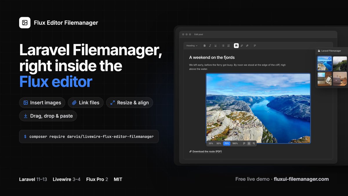 JongArvid's tweet photo. https://t.co/iKcNWA7vfY

Using the Flux Pro rich text editor in your Laravel app? Pull your images and files straight from Laravel Filemanager.

🖼️ Pick one or more images from your own file manager
📎 Insert links to PDFs and other files
↔️ Resize to 25, 50, 75 or 100% and align left, center or right
✏️ Double-click an image to edit alt text, title, classes and styles
📥 Drag, drop or paste images straight into the editor
🩺 php artisan flux-filemanager:check tells you what to fix

Try the live demo first: you get your own sandbox, nothing to install. When you like it:
composer require darvis/livewire-flux-editor-filemanager

Free and MIT licensed. Needs Flux Pro.

Built on the great work of @calebporzio on Livewire and Flux 🙌

#Laravel #Livewire #FluxUI #FileManager #PHP