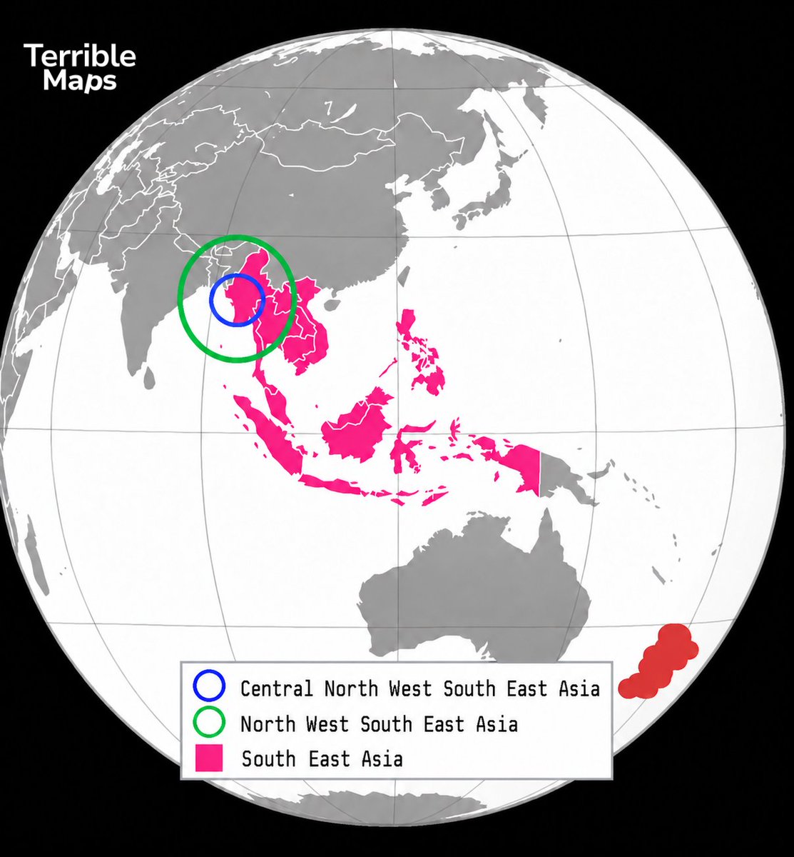 TerribleMaps's tweet photo. Clearing up the confusion around Southeast Asia https://t.co/hcIFuroz5g