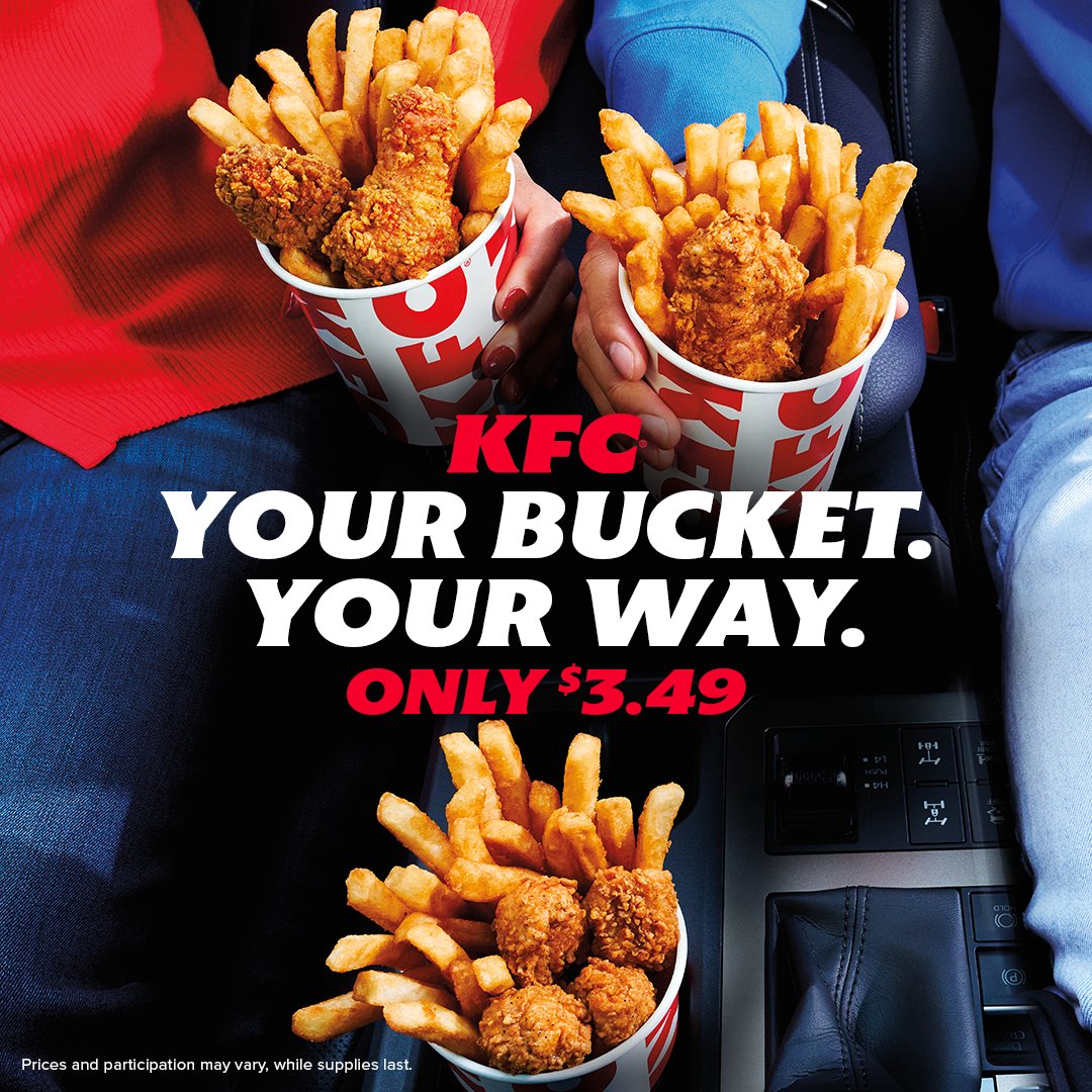 kfc's tweet photo. Your chicken. Your side. Your rules. Your new KFC Go Bucket is waiting for just $3.49 and you’ll be good to go!