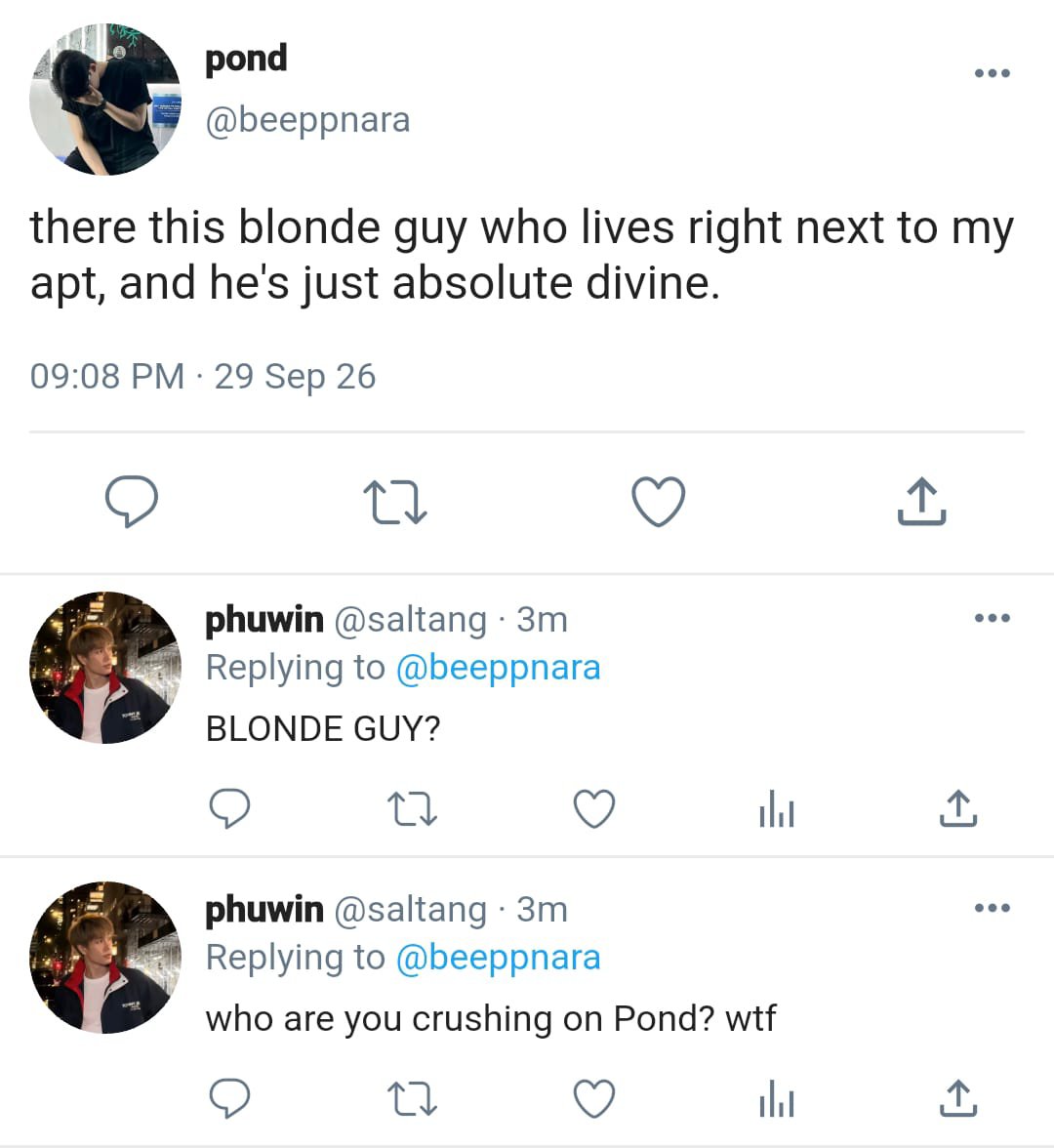 narachieves's tweet photo. #pondphuwin few tweets au;

Where Pond jokes about his bf being a random "blonde guy" and Phuwin gets mad. https://t.co/4ZI0R3tH9A