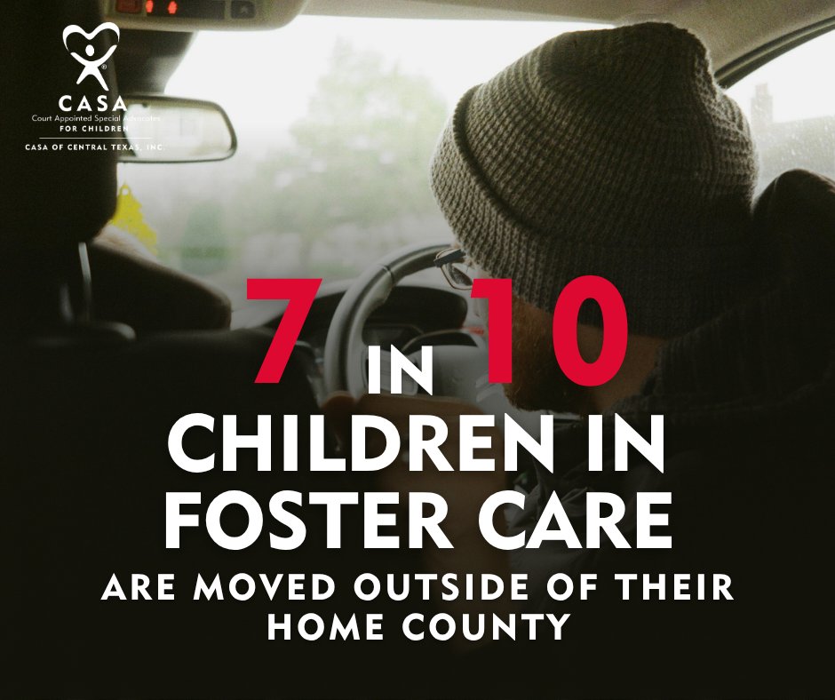 CASACenTex's tweet photo. 70% of children in the Texas foster system are placed outside of their home counties. CASA of Central Texas volunteers traveled almost 100,000 miles last year to ensure children have a consistent advocate in their lives #thecasadifference 

Learn more at https://t.co/AM4IkhF3bB https://t.co/AUUXZjOqWX
