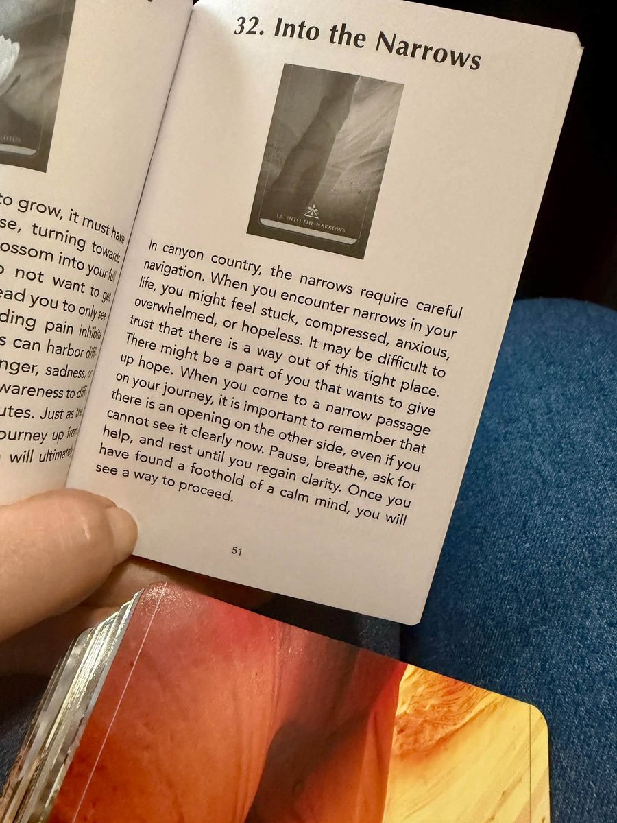 DrAschwartz's tweet photo. Some recent mantras I've held on to: 
"Love is Greater than Fear"
"I can do hard things"

I’m still navigating a narrows.
Reminds me of this card from my Post-Traumatic Growth Deck: Into the Narrows.

I’m gratefully receiving your care.
Thank you🪷 https://t.co/4MSW3MLqAM