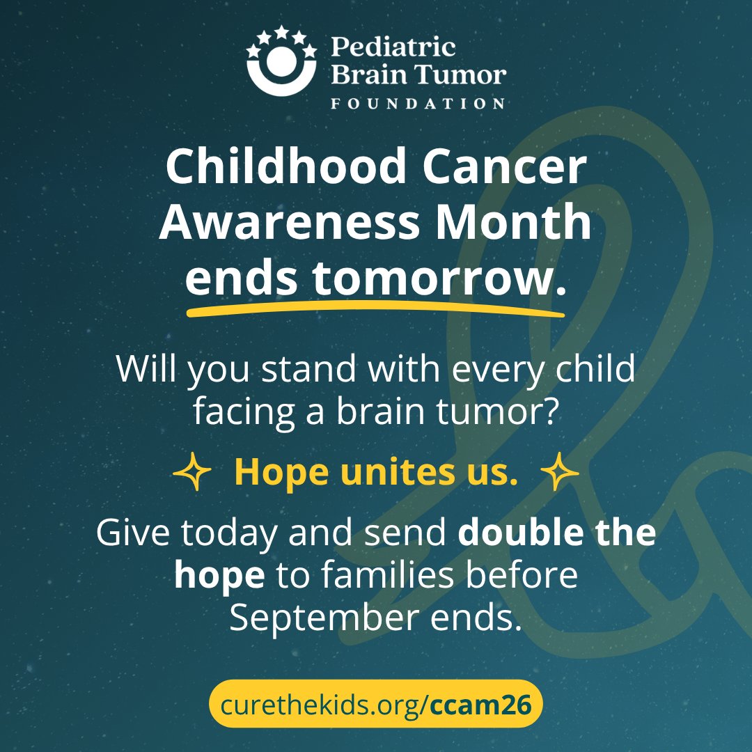 PBTF's tweet photo. #ChildhoodCancerAwarenessMonth ends tomorrow, but for 42k+ kids living with a brain tumor, the journey continues. Because of this community, families find guidance, parents find support, and researchers find funding to keep going. Give today: https://t.co/aEfo1Xc3RK https://t.co/OSAS9YVPPJ