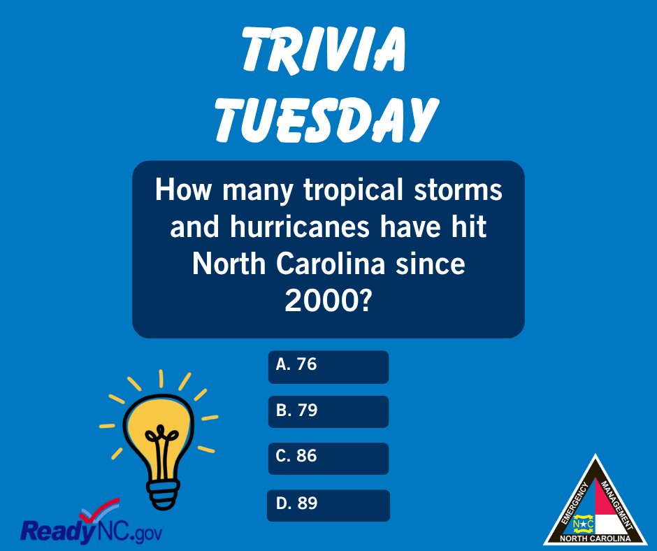 NCEmergency's tweet photo. Question: How many tropical storms and hurricanes have hit North Carolina since 2000?  

And the answer is…  
  
79 tropical cyclones.  

It's hurricane season. Are you ready?  

Visit https://t.co/4RLryzwuOn today for more information on how you and your family can be prepared this hurricane season!
