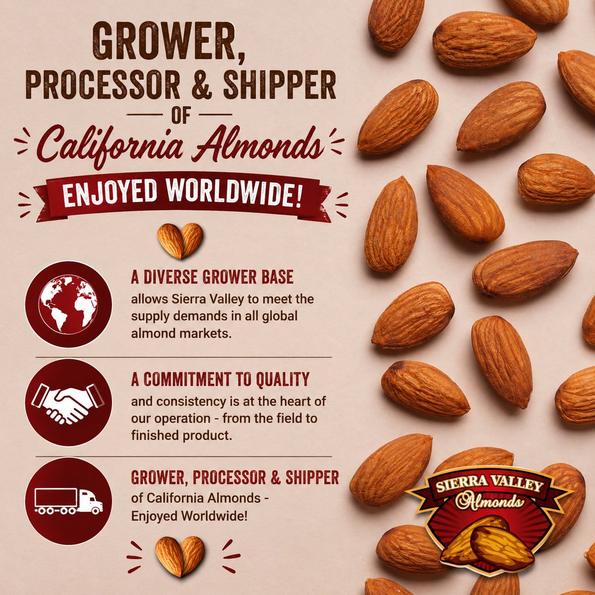 SierraAlmonds's tweet photo. What sets Sierra Valley Almonds apart in the almond industry?
Itโs our commitment to accessibility, diversity, and long-term partnershipsโall rooted in California agriculture.
Proud to grow with purpose.
#California #Almonds #MyJobDependsOnAg #MJDOA
https://t.co/v5j0OyxrSH https://t.co/W9xsNM48gP