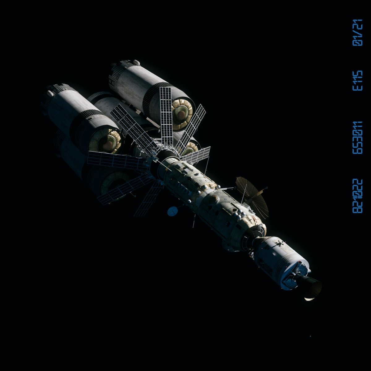 Element115art's tweet photo. Integrated Interplanetary Vehicle (IIV), my own design for a Cold War era joint Soviet-US spacecraft. NASA would build the NERVA rockets, transfer capsule, and S-IVB workshop, the Soviets would handle the other crew modules and scientific systems.

(Made with Blender) https://t.co/Ko0QovaXzR