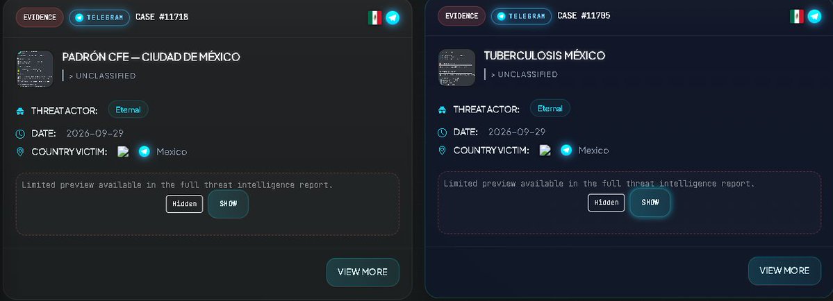 VECERTRadar's tweet photo. ⚠️ PREVENTIVE ALERT 🇲🇽 ⚡: OFFER AND SALE OF HEALTH DATA (TUBERCULOSIS) AND CFE CUSTOMER REGISTRY IN MEXICO (ACTOR: ETERNAL)

[STATUS: UNCONFIRMED; EVIDENCE VISIBLE BUT NOT VERIFIED / THREAT ACTOR: ETERNAL / DATE: SEPTEMBER 29, 2026]

The centralized cyber-intelligence monitoring system has detected a notification posted on September 29, 2026, by the user "Eternal." The report announces the sale of two highly sensitive databases from Mexico: a nationwide clinical registry of tuberculosis patients and the complete registry of Federal Electricity Commission (CFE) contracts for Mexico City.

It is strictly noted that the veracity of this offer and the legitimacy of the data have not been officially confirmed by the affected government institutions. The definitive status of the repositories remains unverified.

🌐 INCIDENT SUMMARY

Threat Actor: Eternal

Victims / Affected Entities: Mexico's Health Sector (National Epidemiological Surveillance System / Tuberculosis) and the Federal Electricity Commission (CFE - Mexico City).

Sector: 🏥 Public Health, Epidemiology, and ⚡ Electrical Utility Infrastructure.

Country: Mexico 🇲🇽.

🛡️️ PREVENTIVE TECHNICAL CONTAINMENT RECOMMENDATIONS (SOC / CSIRT / GOVERNMENT)

Audit of Epidemiological and Commercial Repository Systems: IT departments at the Ministry of Health and the CFE must urgently review access controls for their databases and analytics servers to determine the source of the data extraction. Monitoring and Tracking of Leak Channels: Track the activity of the associated actor to mitigate sample distribution and protect systems against automated mass-extraction queries.

🖥️ CENTRALIZED THREAT MONITORING SYSTEM

Intelligence System: https://t.co/wk9bZJ2Nli

Quickly check your security at: https://t.co/QZhWp0kFrO

Quotes and services: https://t.co/sx3BM5zbnK

#Cybersecurity #ThreatIntel #DataLeak #Tuberculosis #CFE #Mexico #CDMX #HealthcareSecurity #InfoSec #CyberAlert #VECERT #SOC #CSIRT #Unconfirmed #SecurityAlert