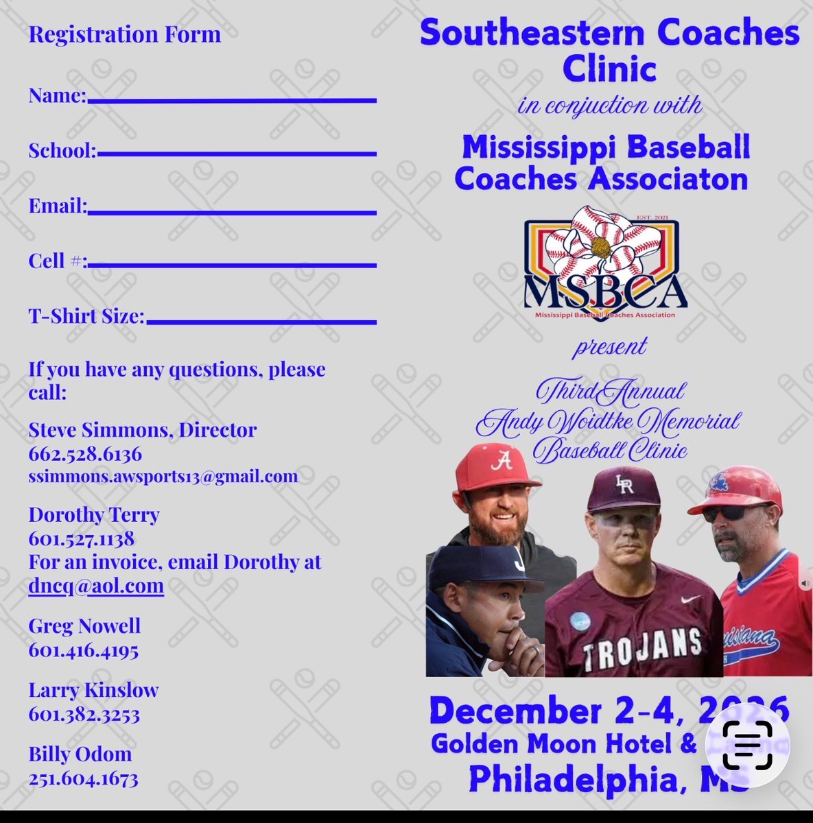 MississippiBCA's tweet photo. Please join us at the Golden Moon Casino in Philadelphia, MS, Dec. 2-4 for three days of baseball instruction and coaching development! https://t.co/3H0h50riTn