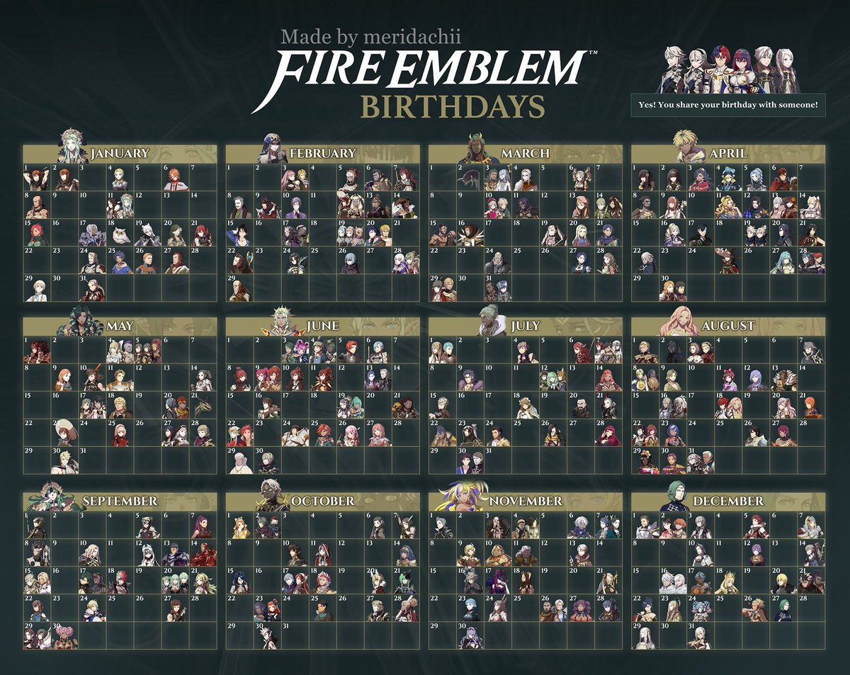 meridachii's tweet photo. FE Birthday Calendar 🎉
Who’s your birthday twin? #fireemblem https://t.co/hmOUQplWlM