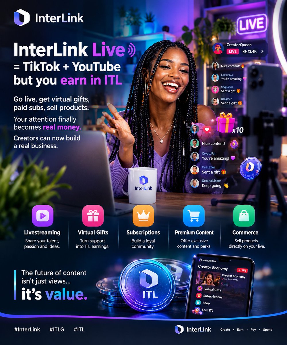 ngbede1990's tweet photo. 🎥 InterLink Live = TikTok + YouTube but you earn in ITL
Go live, get virtual gifts, paid subs, sell products.
Your attention finally becomes real money. Creators can now build a real business.
#InterLink #ITLG #ITL https://t.co/QK2MeQh99J