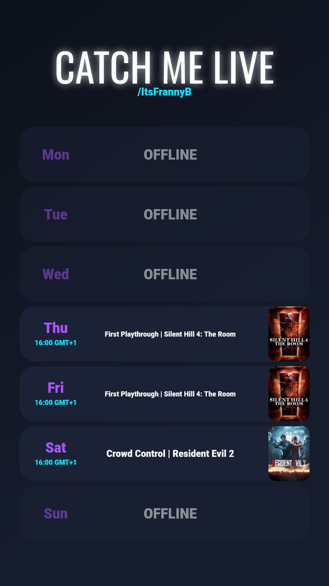Its_Franny_B's tweet photo. This week we begin Horror Month!
Thu: Silent Hill 4: The Room
Fri: Silent Hill 4: The Room
Sat: Resident Evil 2 with Crowd Control
https://t.co/feAo6Se91l | https://t.co/XV5uzIJ3EL
#SilentHill #ResidentEvil #CrowdControl #HorrorGames #LiveStream https://t.co/zZ2UjzdYBP