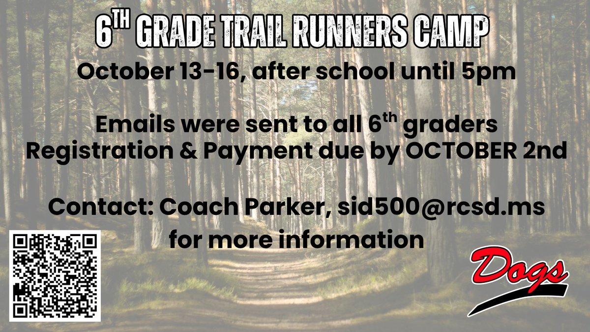 BMSDogsAthletic's tweet photo. 🏃‍➡️ Registration deadline has been extended through this Friday, Oct. 2nd! Use the QR code or 6th graders can check their school email for the sign up link! https://t.co/V0ZEHBj0gk
