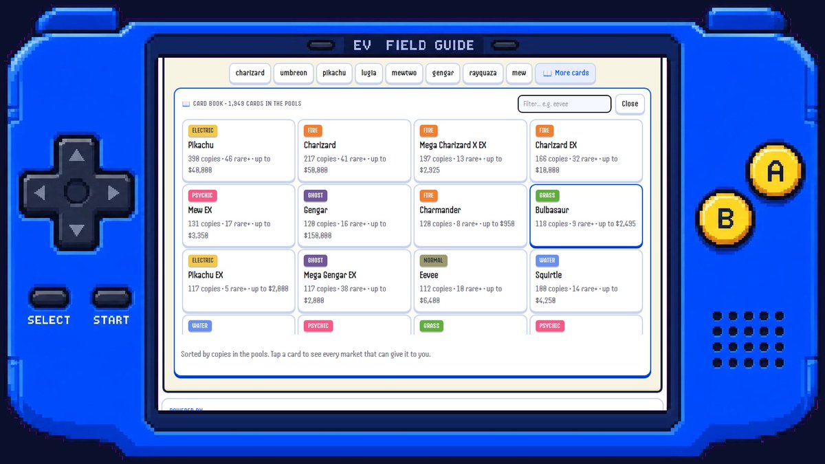 EV_Dex's tweet photo. The most-stocked card in the pools isn't Charizard. It's Pikachu: 390 graded copies, 46 of them rare or better, the best one insured at $40,000. EV's card book lists 1,949 chaseable cards, each one searchable. https://t.co/BqVsNVnWVa