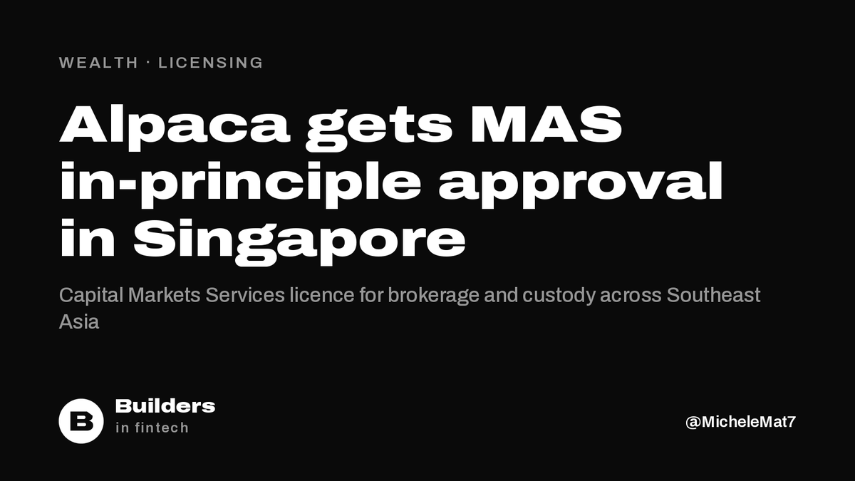 MicheleMat7's tweet photo. Alpaca secures in-principle approval from Singapore's MAS for a Capital Markets Services licence.

Its Singapore entity will offer brokerage and custody to financial institutions across Southeast Asia. Alpaca supports 10M+ brokerage accounts for partners in 50+ countries. https://t.co/9JbLGVwOVT