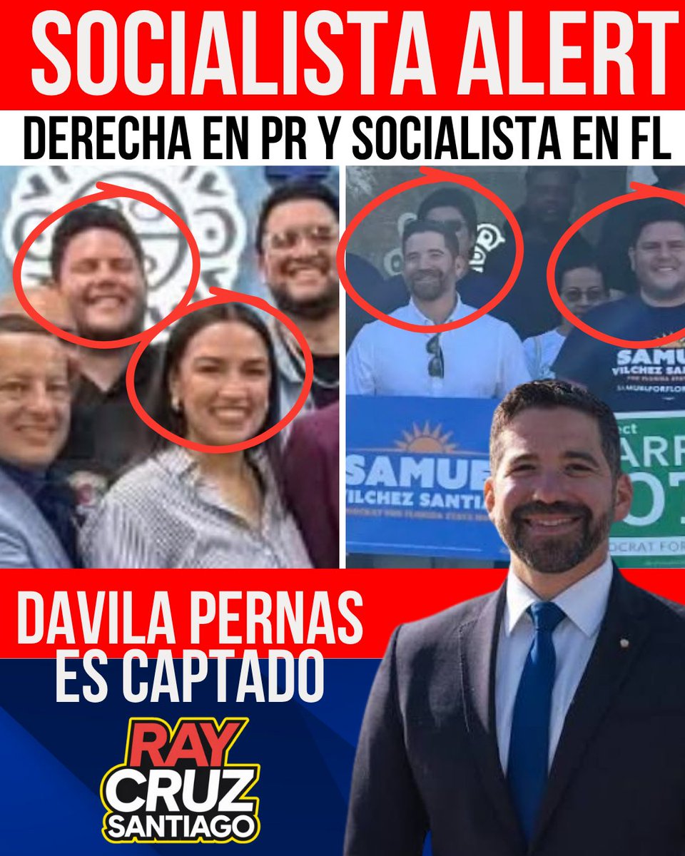 RayCruzSantiago's tweet photo. 🚨 La nueva cara socialista en Orlando tiene un nuevo apoyo, y es el de @DavilaPernas  , quien junto a Alexandria Ocasio-Cortez está apoyando al joven venezolano Samuel Vilche Santiago, un candidato socialista, woke y abiertamente gay.

Lo increíble es cómo Dávila Pernas da un mensaje en Puerto Rico de anti-woke, pero en Orlando es abiertamente WOKE.

📸 En la foto vemos a Samuel Vilche Santiago junto a Dávila Pernas y, en otra foto, junto a AOC.