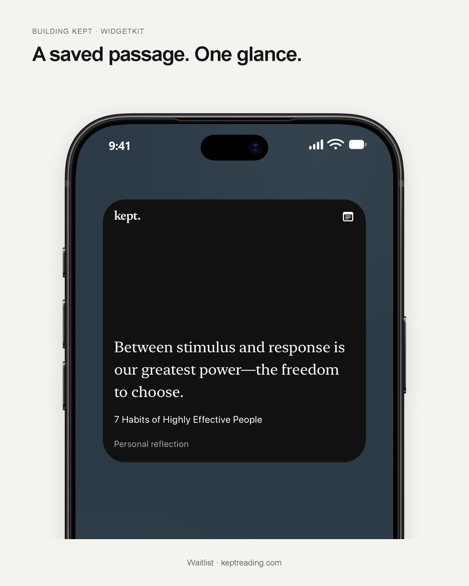 kaisdev's tweet photo. working on the large Saved Passage widget for Kept. the whole passage, right on the Home Screen, so a line from a book gets another moment in your day.
not released yet. waitlist: https://t.co/p2Cid9n29J
#BuildInPublic #WidgetKit #Productivity #IOSapps https://t.co/TCL11n6mDU