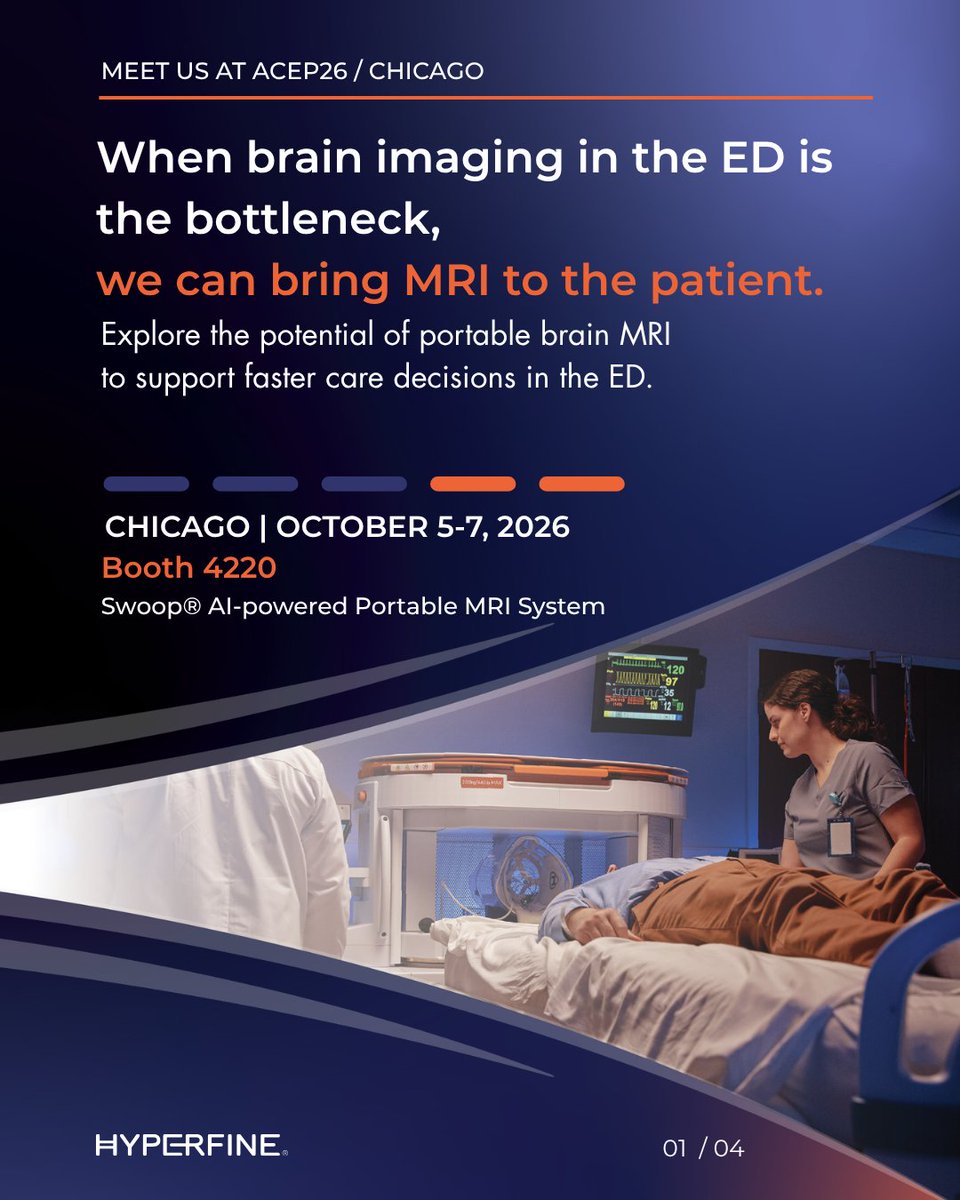 Hyperfine's tweet photo. Is your ED overflowing because MRI is backed up? At #ACEP26, learn how the Swoop® portable MRI system is already being used in emergency care. From clinical data to real-world ED experience, see how portable brain MRI fits into ED workflows, delivers clinically meaningful imaging, and has the potential to support faster care decisions. Visit Hyperfine Booth 4220 Oct 5-7 at McCormick Place, Chicago. See you there! #EmergencyMedicine #PortableMRI #Hyperfine #SwoopSystem