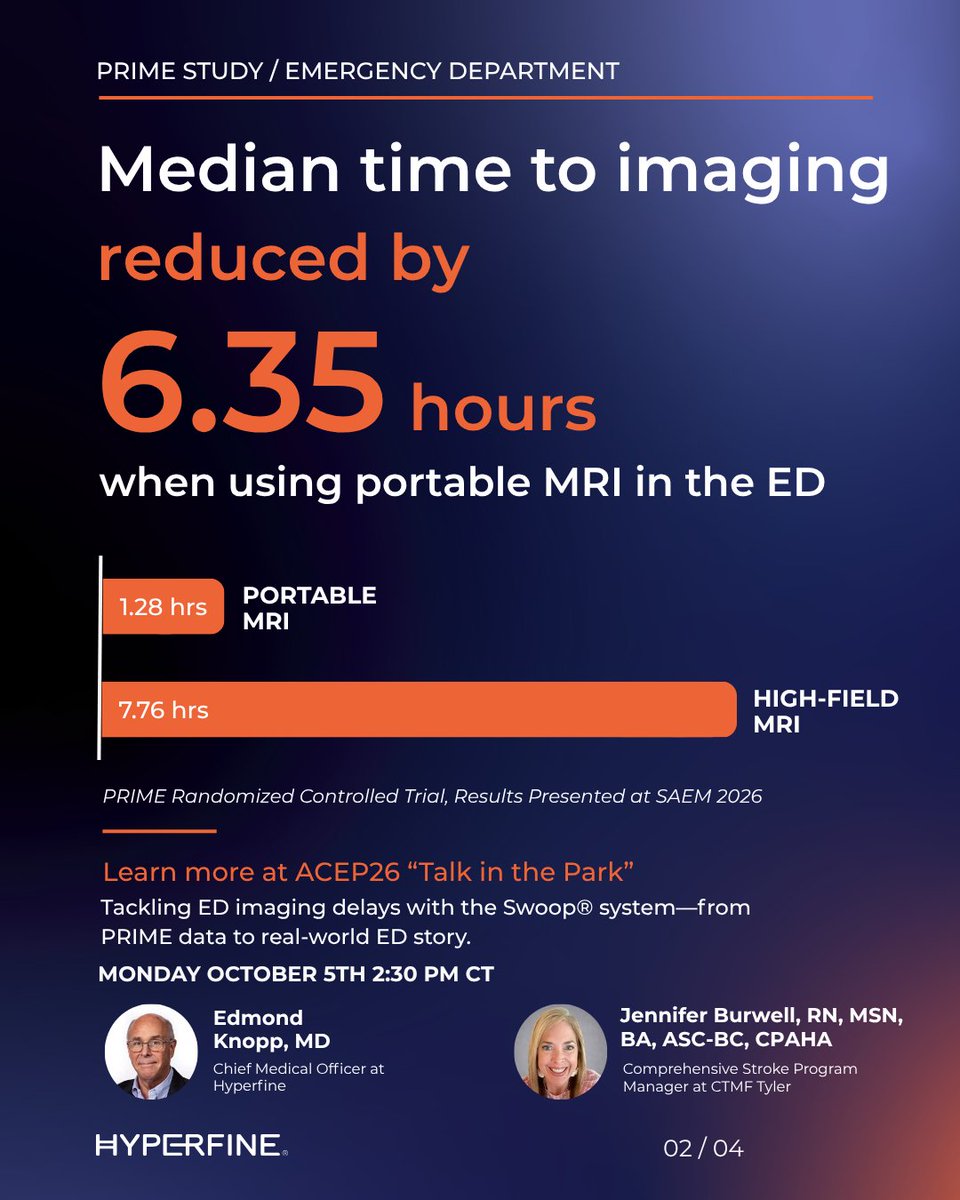 Hyperfine's tweet photo. Is your ED overflowing because MRI is backed up? At #ACEP26, learn how the Swoop® portable MRI system is already being used in emergency care. From clinical data to real-world ED experience, see how portable brain MRI fits into ED workflows, delivers clinically meaningful imaging, and has the potential to support faster care decisions. Visit Hyperfine Booth 4220 Oct 5-7 at McCormick Place, Chicago. See you there! #EmergencyMedicine #PortableMRI #Hyperfine #SwoopSystem