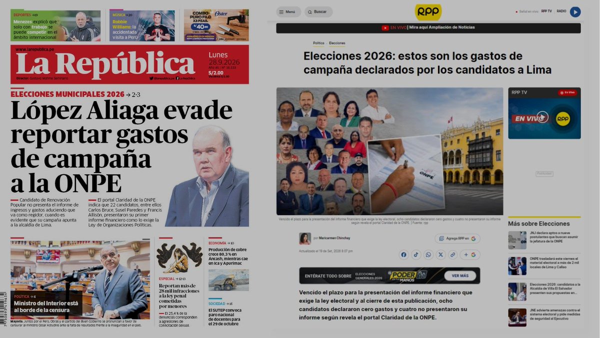 MagalyBlasB's tweet photo. @suselparedes @Ahora_Nacion 💰 Rendición de cuentas.
Al cierre de una revisión de @RPPNoticias  8 candidatos a la Alcaldía de Lima declaraban cero gastos y 4 no habían presentado su informe financiero ante la ONPE. https://t.co/Wg2EnSjql5