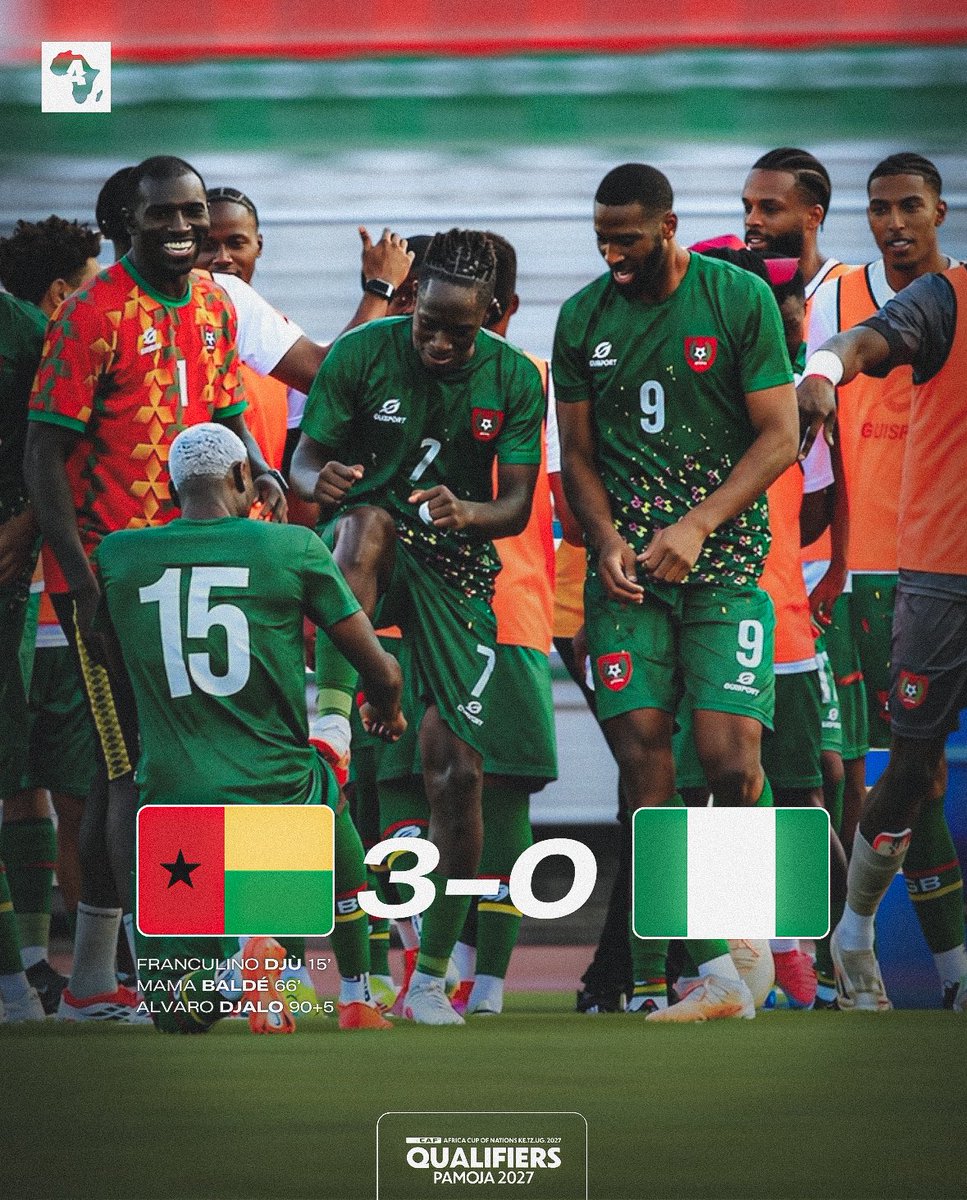 ActuFootAfrique's tweet photo. 🚨 LA GUINÉE-BISSAU 🇬🇼 BAFFE LE NIGÉRIA 🇳🇬 (3-0) ET RÉALISE LE 2️⃣/2️⃣ !! 🌍😱

SEULEMENT UNE ÉQUIPE SERA QUALIFIÉE À LA CAN 2027. 🤯 https://t.co/GDoWYM7iYz