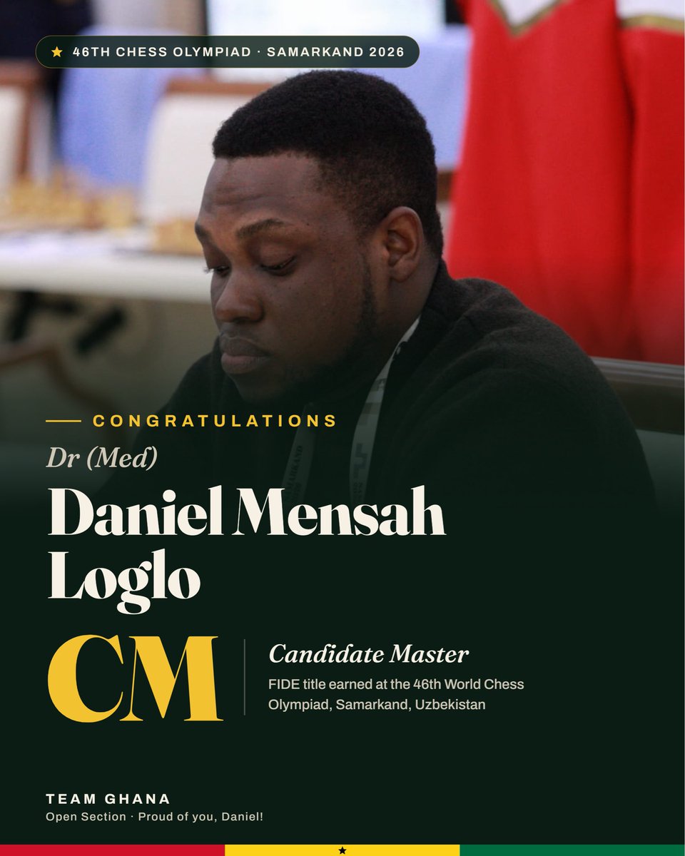 ghanachess's tweet photo. In the open section, National Champion Bernard Anhwere earned the FIDE Master title, Prince Akpa and Dr(Med) Daniel Mensah Loglo earned the Candidate Master title. https://t.co/zjogncqbaX