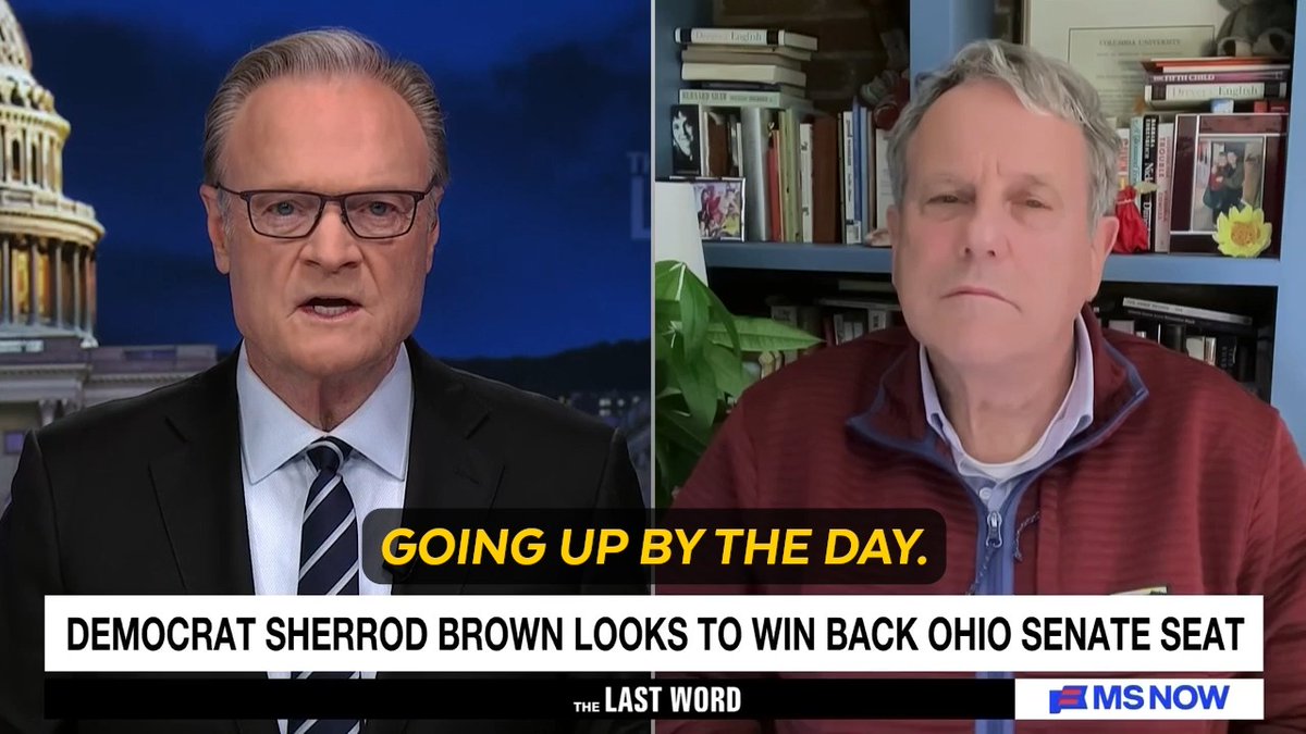 A news broadcast screenshot showing a split-screen with an older man in a suit and tie on the left, and another man in a maroon jacket on the right. The text reads 'GOING UP BY THE DAY' and 'DEMOCRAT SHERROD BROWN LOOKS TO WIN BACK OHIO SENATE SEAT' on 'THE LAST WORD' from MSNOW.