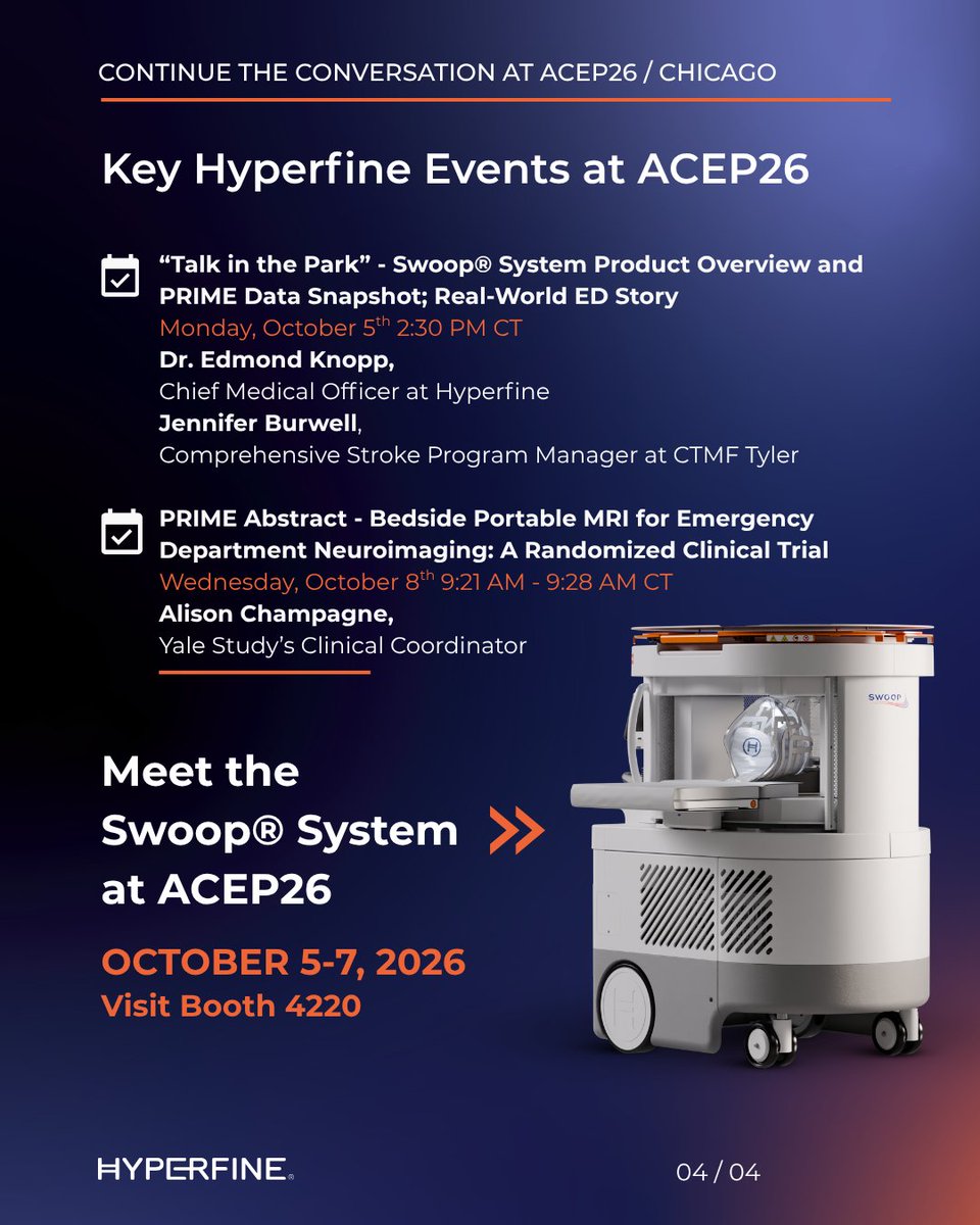 Hyperfine's tweet photo. Is your ED overflowing because MRI is backed up? At #ACEP26, learn how the Swoop® portable MRI system is already being used in emergency care. From clinical data to real-world ED experience, see how portable brain MRI fits into ED workflows, delivers clinically meaningful imaging, and has the potential to support faster care decisions. Visit Hyperfine Booth 4220 Oct 5-7 at McCormick Place, Chicago. See you there! #EmergencyMedicine #PortableMRI #Hyperfine #SwoopSystem