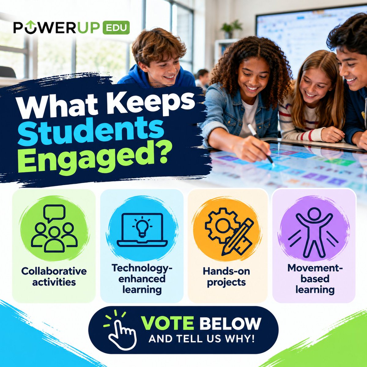powerupedu's tweet photo. 🙋 Educators, we want to hear from you! 
What keeps your students engaged the most?  
🔹 Collaboration  
🔹 Tech-enhanced learning  
🔹 Hands-on projects  
🔹 Movement-based learning  
Vote below &amp; share why!  
#ActiveLearning #StudentEngagement #EdTech #PowerUpEDU https://t.co/M76laxzXPG