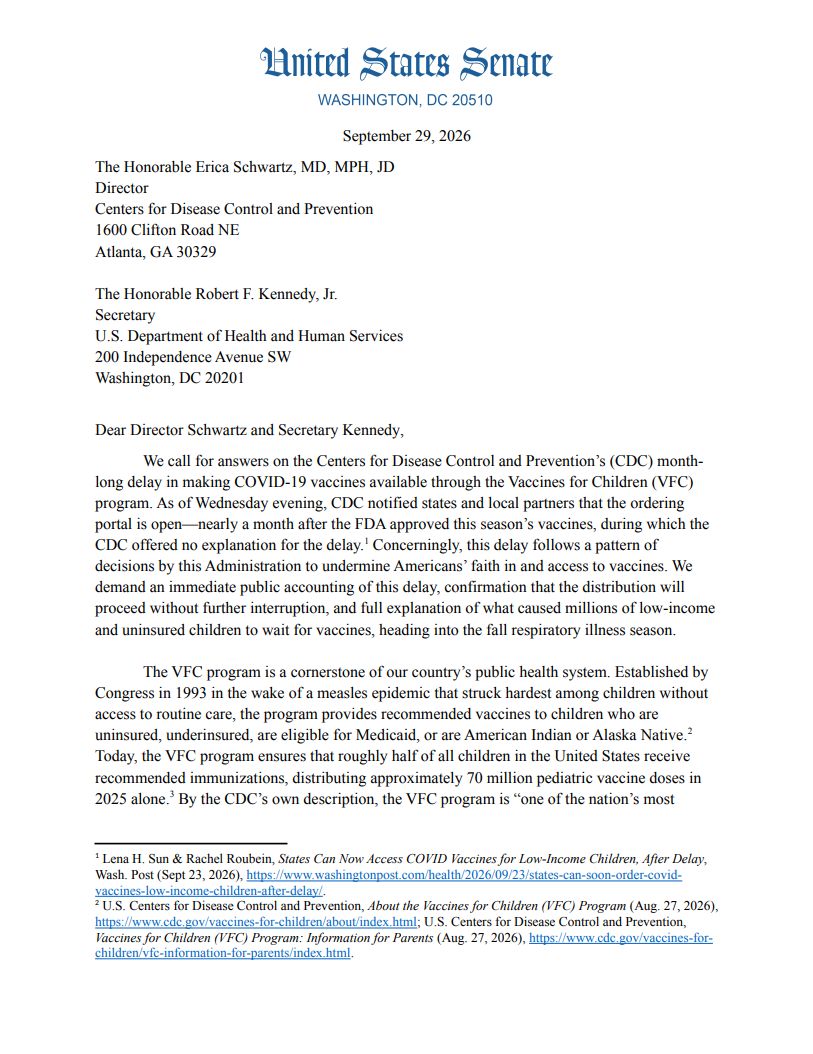 SenMarkey's tweet photo. RFK Jr. and the CDC delayed this year’s no-cost COVID-19 vaccine for kids—the latest move in their Make America Sick Agenda. Every child deserves to be protected from preventable disease. I'm demanding CDC answer for these delays immediately. https://t.co/cPIMzYXZ1U